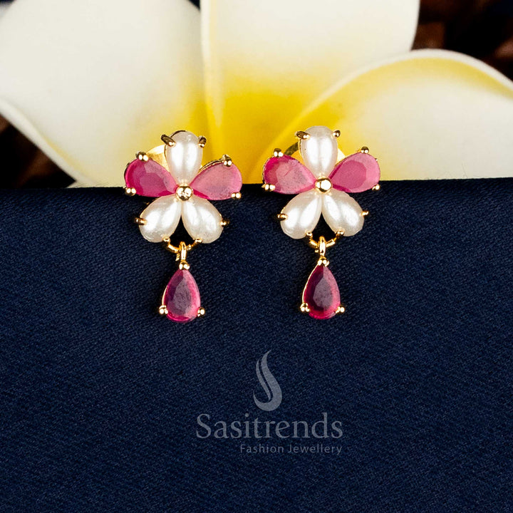 Mystic Lotus micro gold plated teardrop floral earrings adorned with AD stones, ruby accents, and pearls, ideal for festive and family occasions – Sasitrends