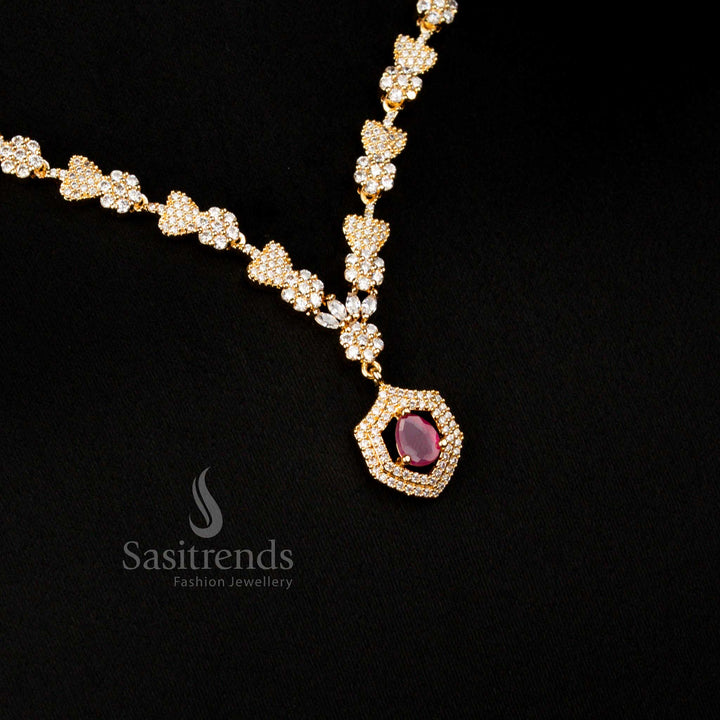 Elegant American Diamond gold plated heart and floral ruby necklace with teardrop stone pendant ideal for wedding parties – Sasitrends