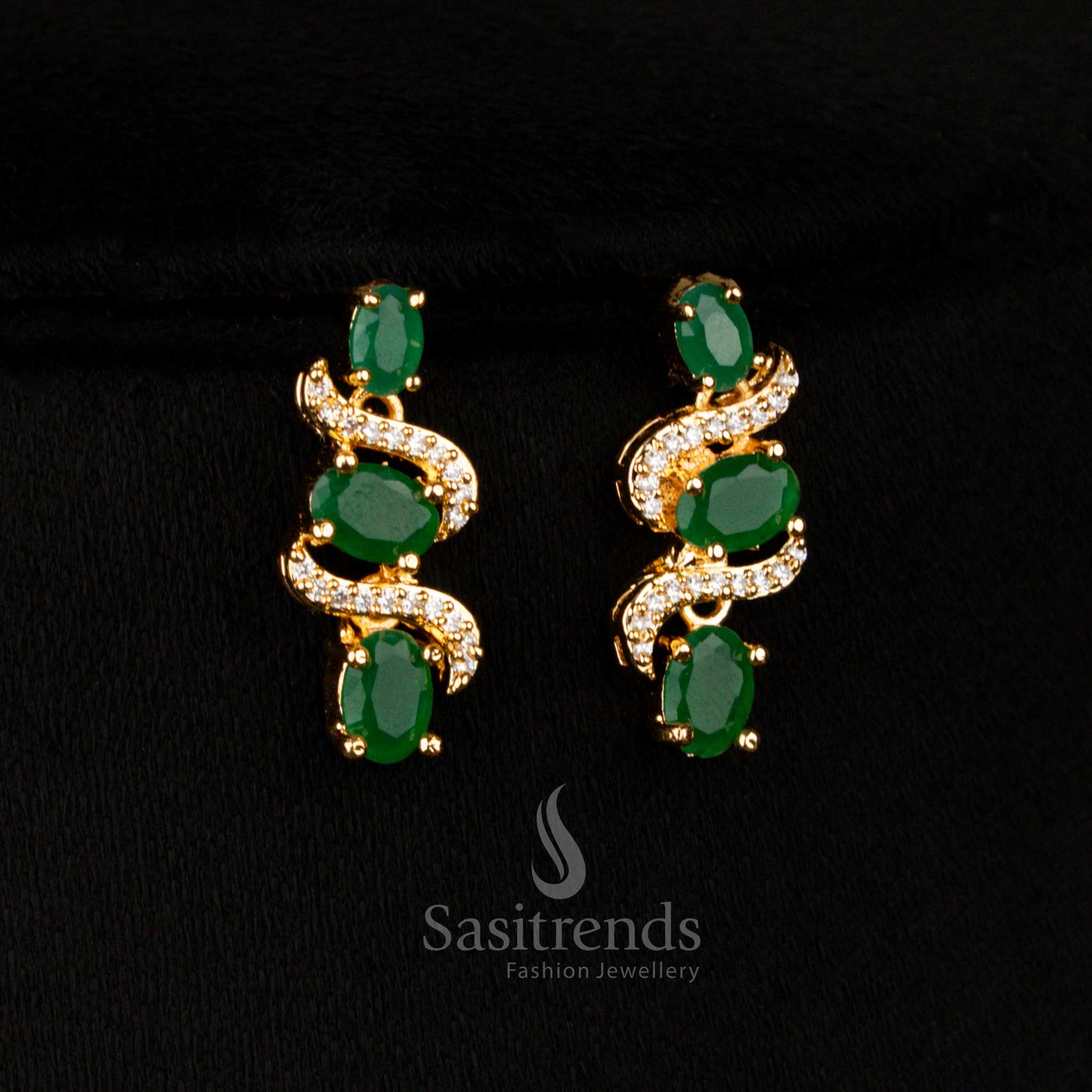 Regal American Diamond micro gold plated S-Curve white-green earrings featuring oval stones, perfect for wedding opulence and festive charm – Sasitrends