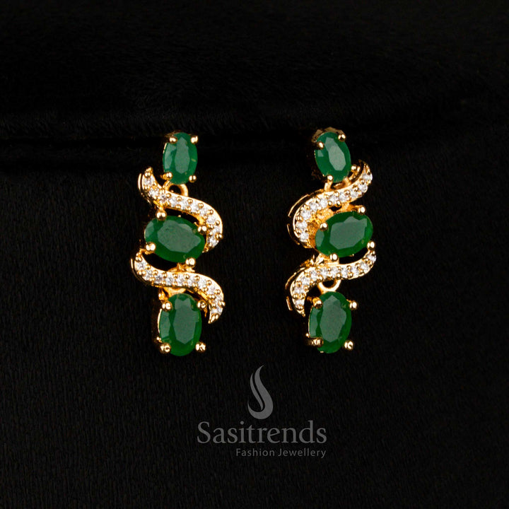 Regal American Diamond micro gold plated S-Curve white-green earrings featuring oval stones, perfect for wedding opulence and festive charm – Sasitrends