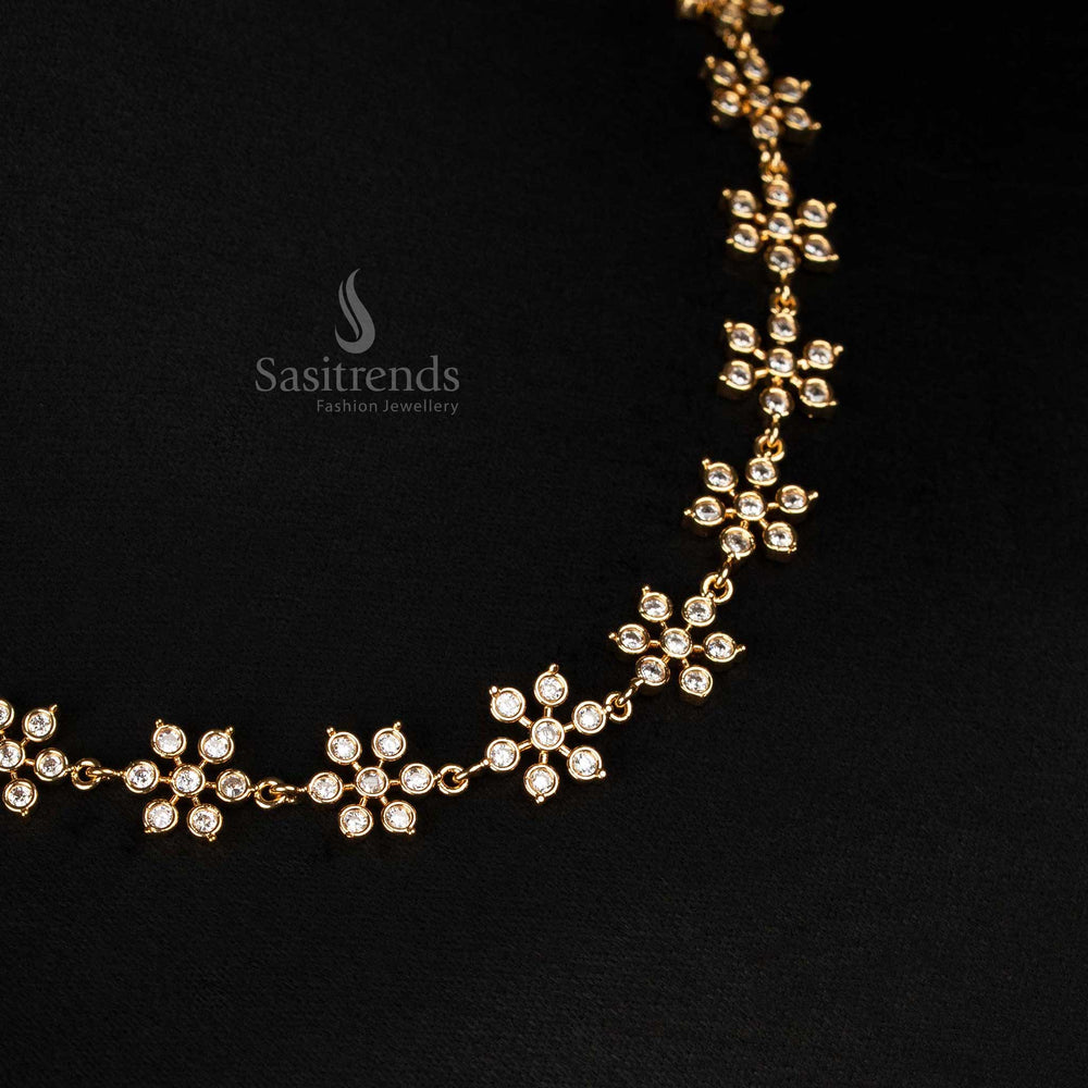 Glamorous Full White American Diamond Micro Gold Plated Floral Necklace Jewellery Set With Dense Stone Setting And Authentic Gold Like Lustre - Sasitrends