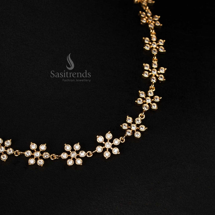 Glamorous Full White American Diamond Micro Gold Plated Floral Necklace Jewellery Set With Dense Stone Setting And Authentic Gold Like Lustre - Sasitrends