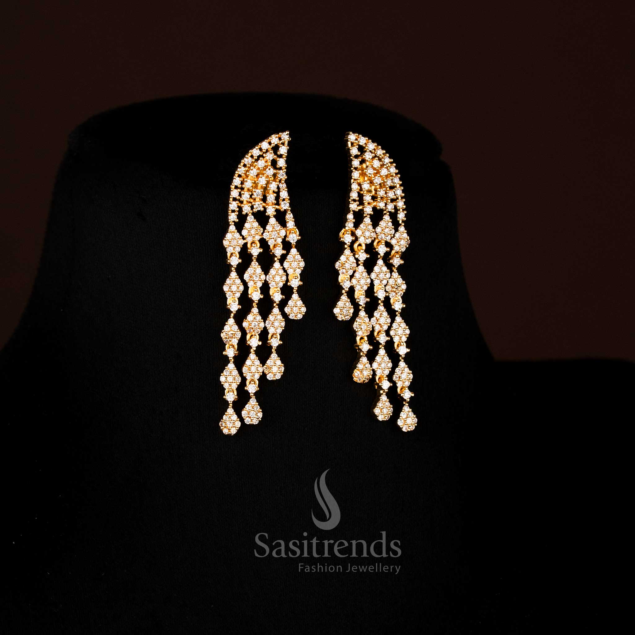 Exquisite American Diamond Lotus V-Style Gold Plated Earrings radiating sophistication and grandeur, ideal for wedding and party jewellery wear – Sasitrends