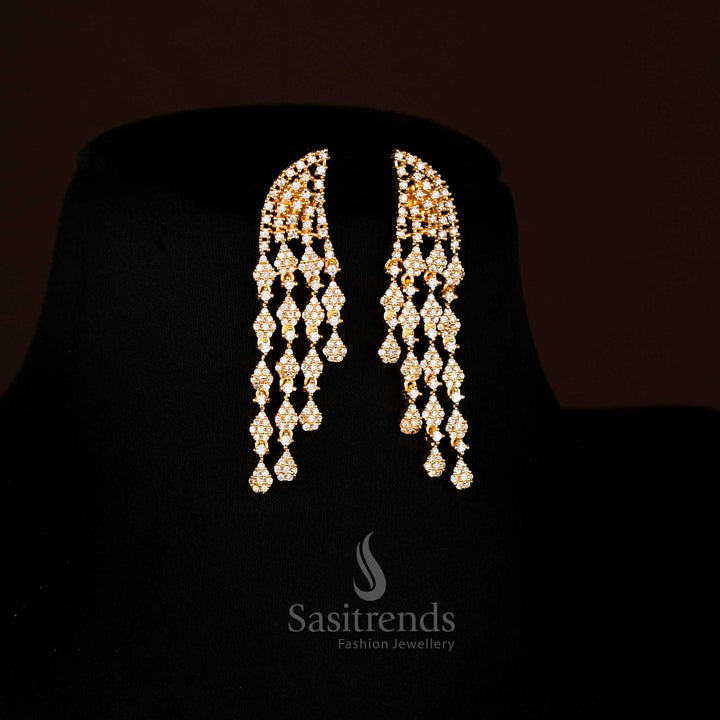 Exquisite American Diamond Lotus V-Style Gold Plated Earrings radiating sophistication and grandeur, ideal for wedding and party jewellery wear – Sasitrends