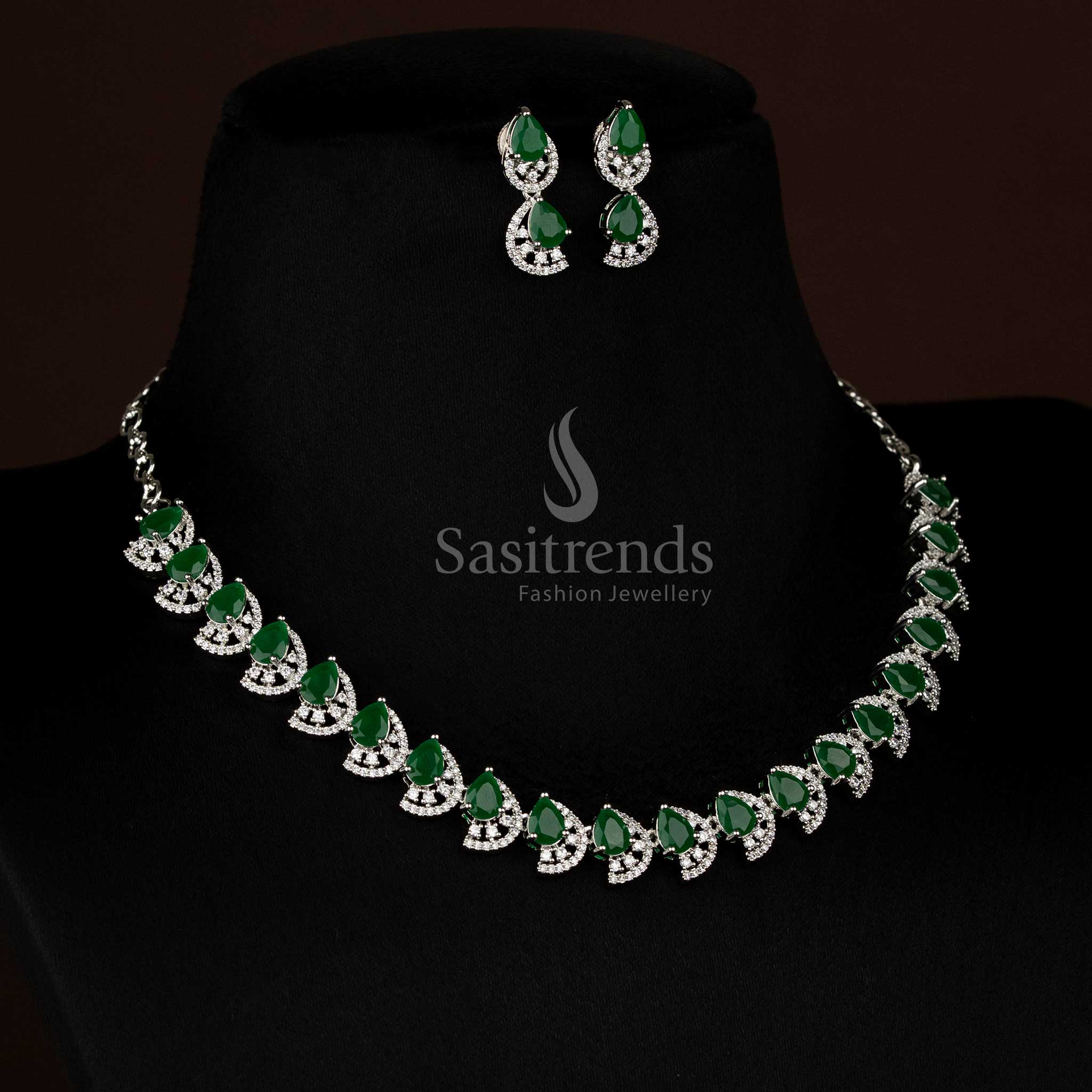 Classy green rhodium silver teardrop infinity AD necklace jewellery set with stylish finish - Sasitrends