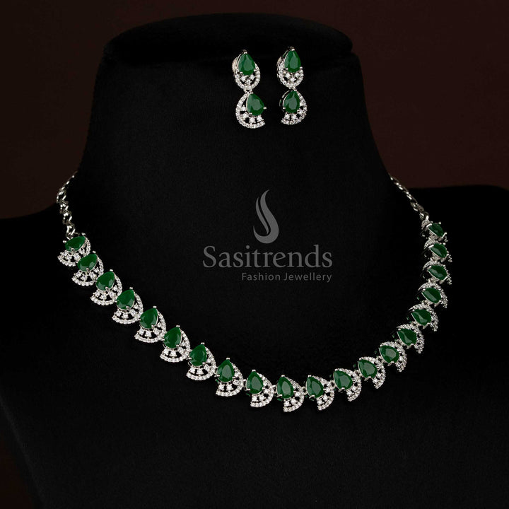 Classy green rhodium silver teardrop infinity AD necklace jewellery set with stylish finish - Sasitrends