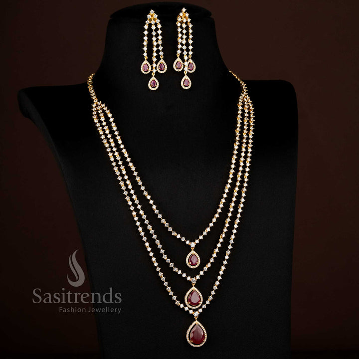 Guaranteed American Diamond Micro Gold Plated Three Layer Teardrop Stone Long Necklace Jewellery Set for Festive Wear