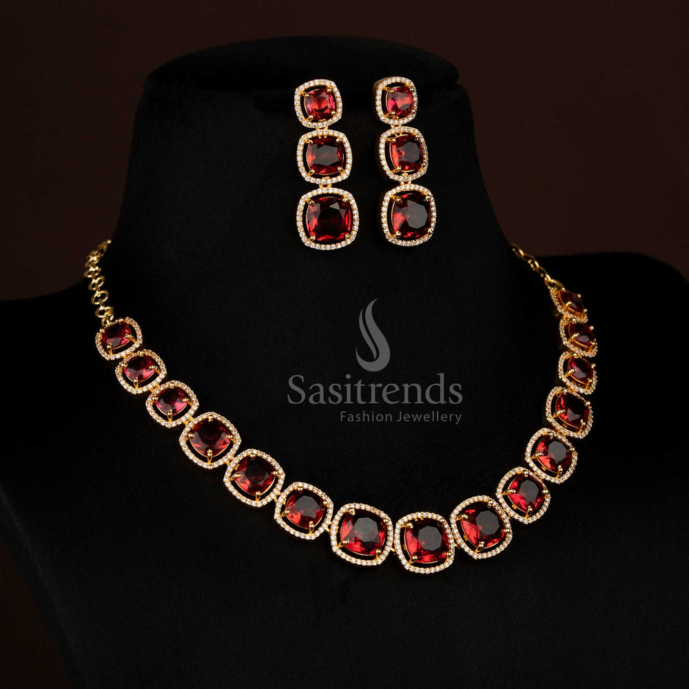 Vibrant micro gold plated American Diamond red square stone necklace jewellery set crafted for traditional festive elegance – Sasitrends