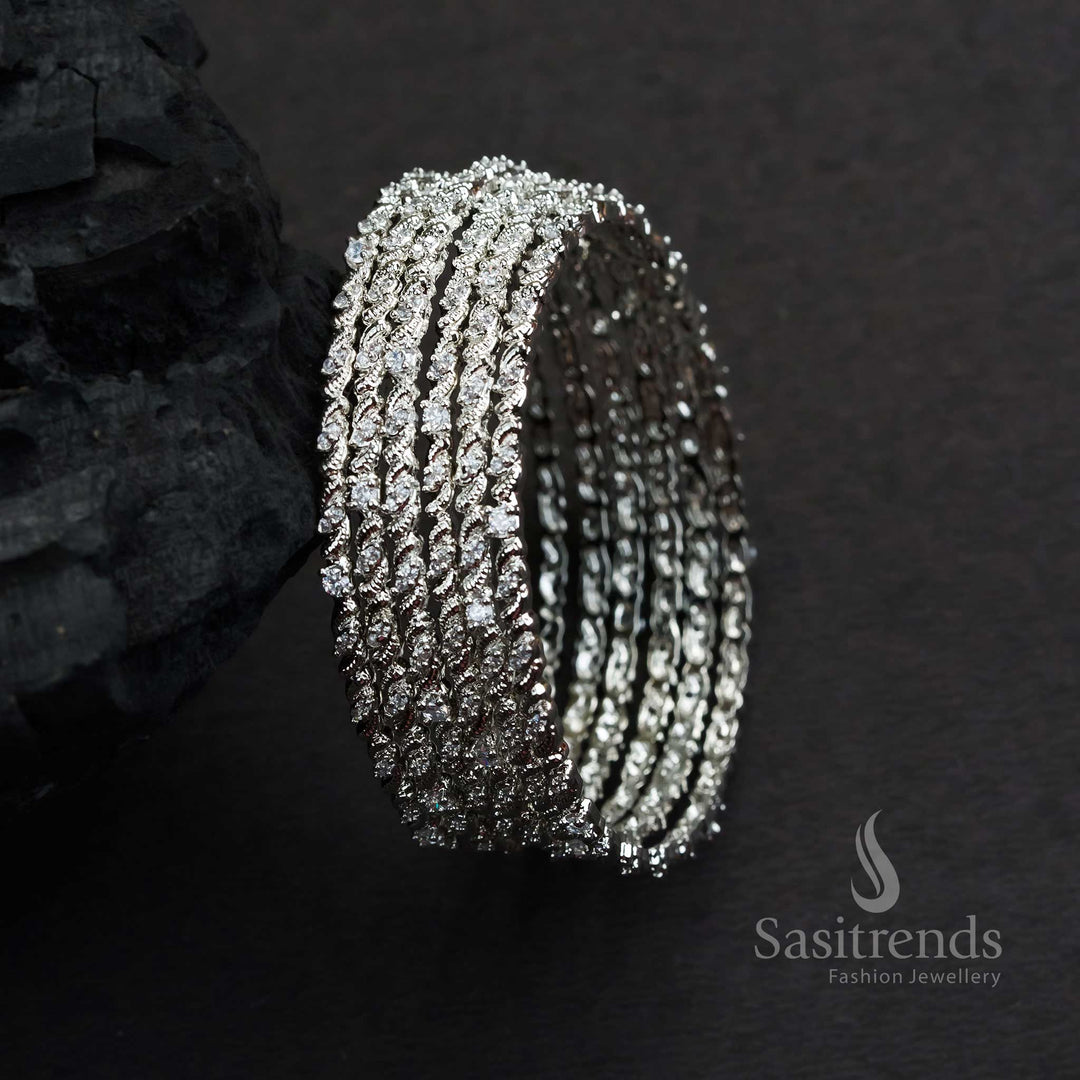 Elegant Rhodium Silver Plated Set of 6 Bangles with Shimmering American Diamonds – Premium and Classy Jewellery for Evening Wear - Sasitrends