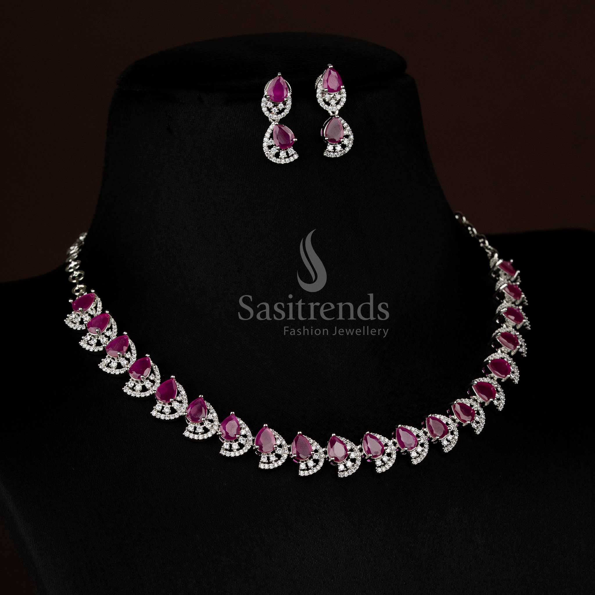 Radiant ruby rhodium silver teardrop AD necklace jewellery set with festive sparkle - Sasitrends