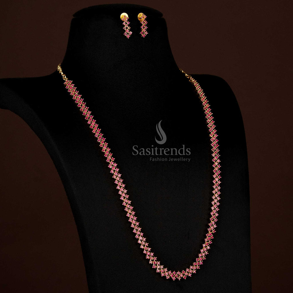 Eye-Catching Ruby Stone American Diamond Micro Gold Plated Geometric Cluster Design Long Necklace Jewellery Set For Traditional And Festive Occasions - Sasitrends
