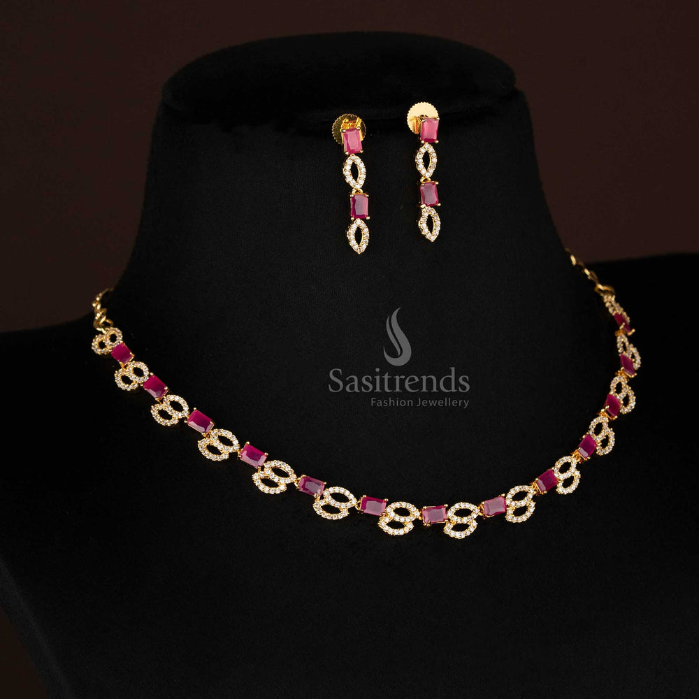 Royal ruby-toned jewellery set in micro gold plating with stylish square and oval American diamond links, an ethnic necklace and earrings design – Sasitrends