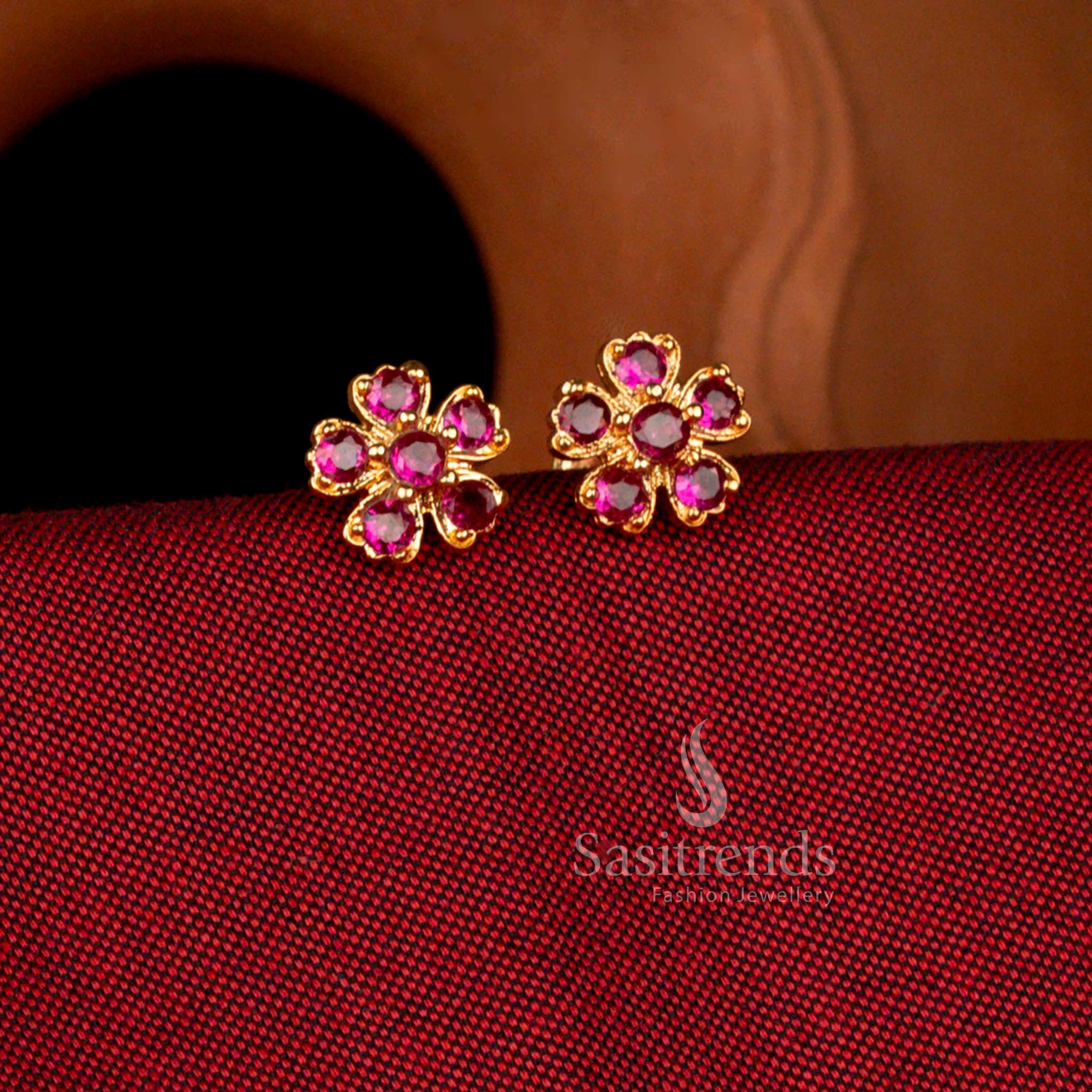 Lavish impon micro gold plated blossom heart round stone earrings in ruby brilliance perfect for festive evenings – Sasitrends