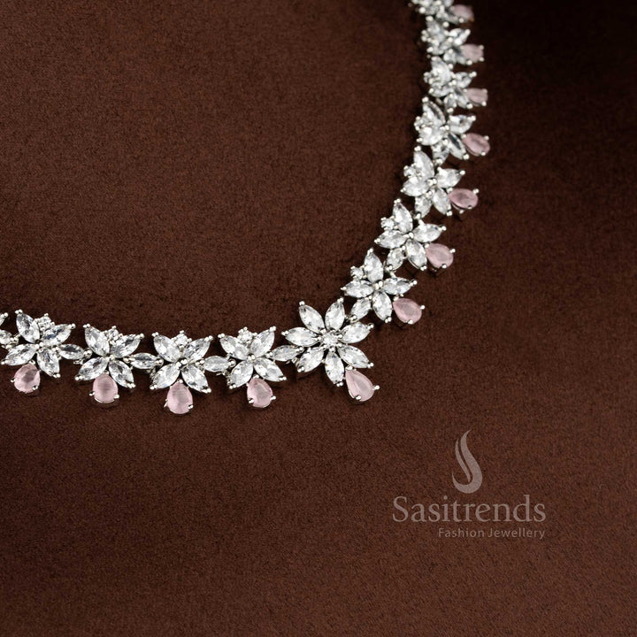 Radiant Glamour Petals rhodium silver plated pink American Diamond blush flora necklace for chic evening events and festive styling – Sasitrends