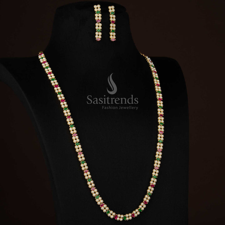 Dazzling American Diamond 24k Micro Gold Plated Four Round Pearl Cut Long Necklace Jewellery Set for Night Events & Style Gatherings