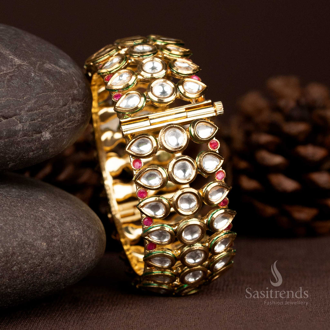 Luxurious high gold polished kundan bangles with red accent stones, designed for elegant traditional fashion and celebratory moments – Sasitrends