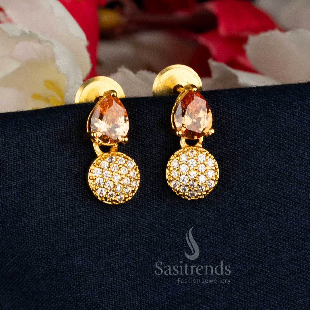 Gleaming honey teardrop and round cluster American diamond gold plated earrings showcasing rich tones for traditional festive occasions – Sasitrends