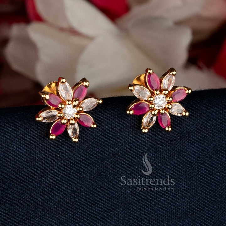 Radiant Micro Gold Plated Floral AD Stud Earrings with white and ruby gemstones, ideal for festive events, wedding ceremonies, and temple celebrations — Sasitrends