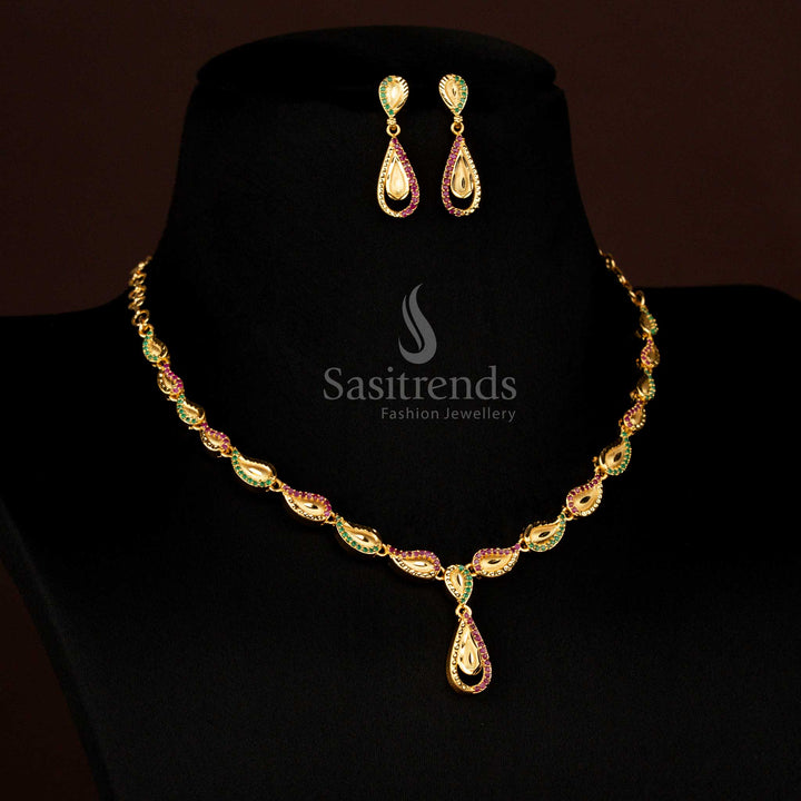 Chic Paisley necklace forming Micro Gold Plated design,  ruby-green stone-embellished for bridal elegance and trendy festive wear – Sasitrends