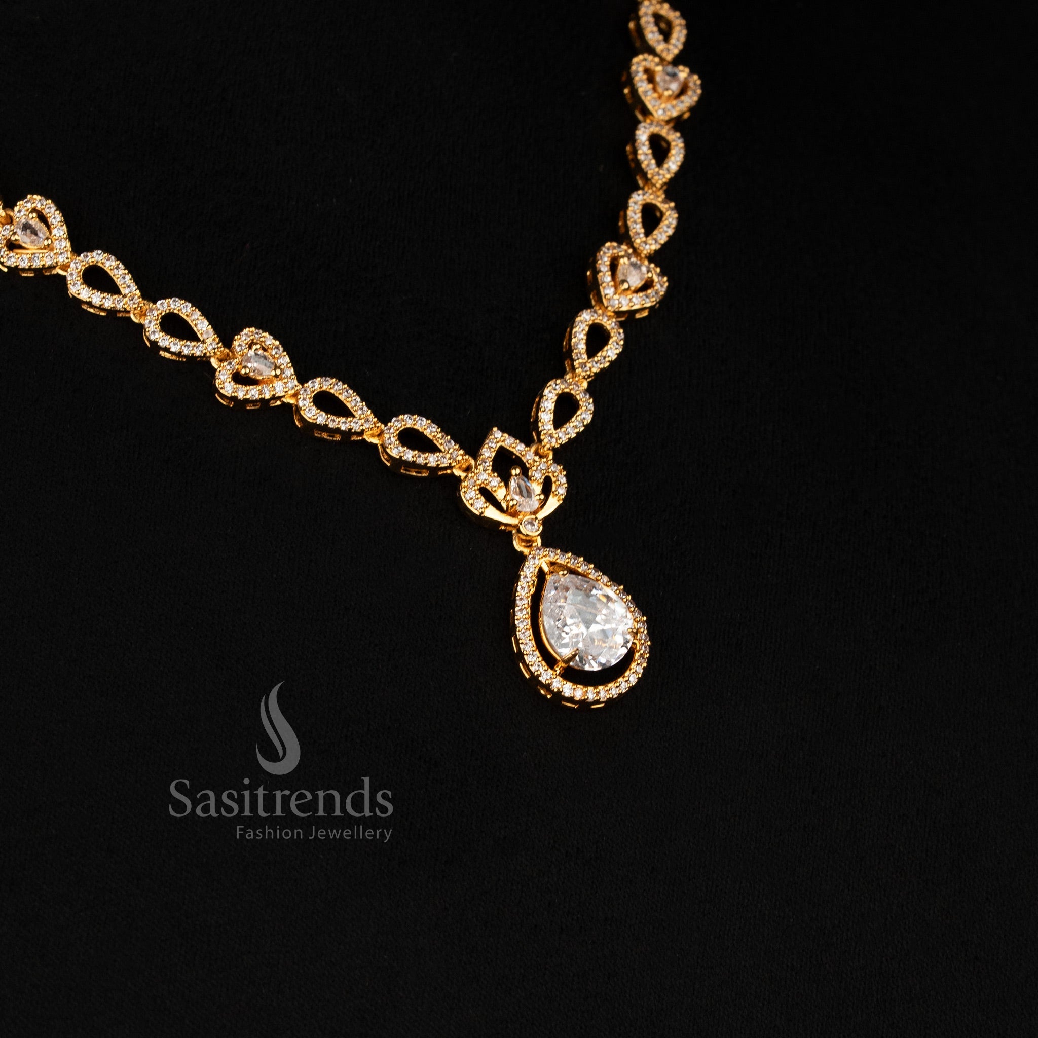 Radiant White Heart Link Drop Necklace Set adorned with American Diamond Stones – Traditional Micro Gold Plated One Gram Jewellery with Guaranteed Finish by Sasitrends