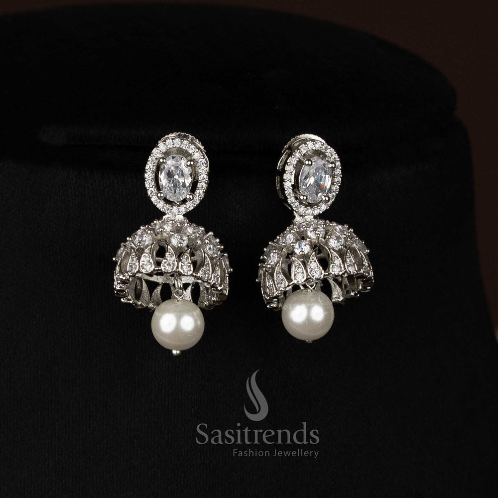 Radiant white rhodium silver plated paisley feather drop earrings adorned with oval teardrop stones, ideal to wear for temple festivals and cultural events – Sasitrends