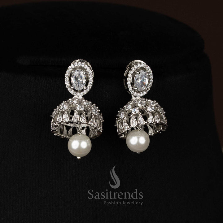 Radiant white rhodium silver plated paisley feather drop earrings adorned with oval teardrop stones, ideal to wear for temple festivals and cultural events – Sasitrends