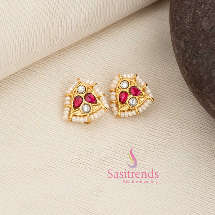 Prestige white-ruby Kundan triangle stud bugadi earcuff with pearl border ideal for ceremonial and cultural festive jewellery occasions – Sasitrends