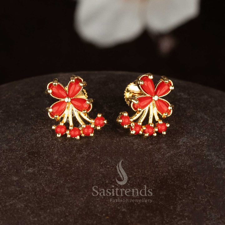 Sparkling micro gold four petal butterfly studs with Pavalam stone details for bridal and party wear - Sasitrends