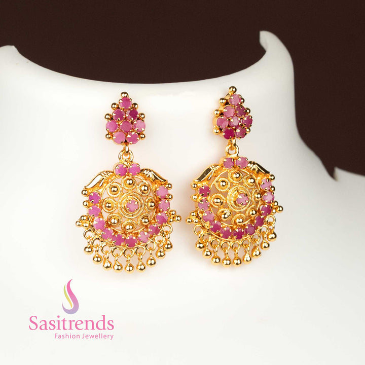 Twilight ruby micro gold plated circular AD pendant earrings, featuring subtle golden bead embellishments for festive sophistication – Sasitrends