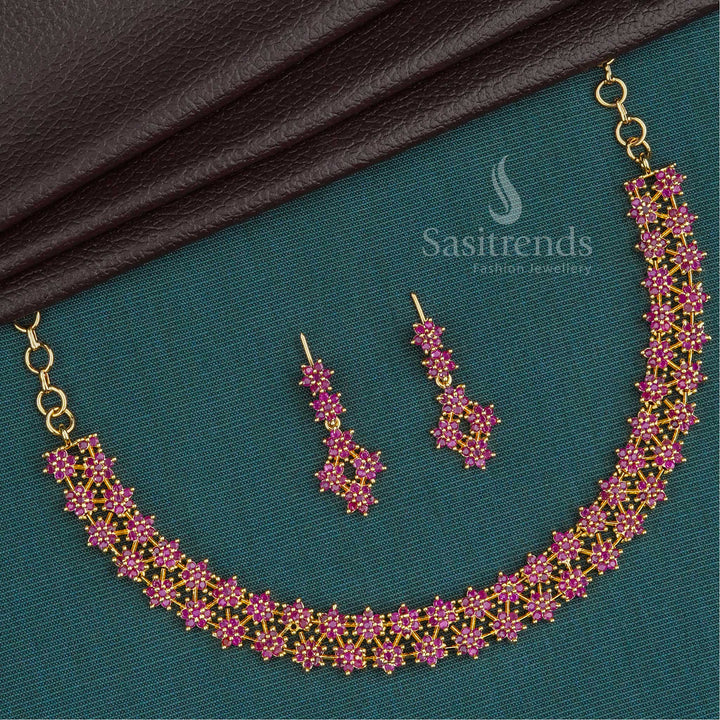 Exquisite Micro Gold Two Line Ruby American Diamond Star Jewellery Set With Sparkling Stones For Party Collections – Sasitrends