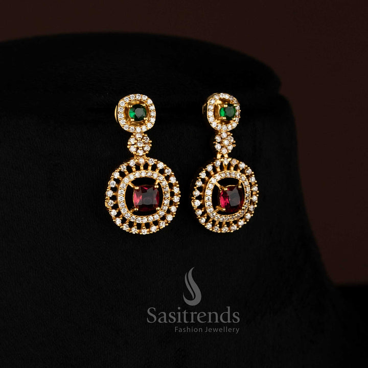 Radiant matte gold plated AD multi-tone round stud earrings styled with artisan pattern highlights that uplift grand festive outfits with refined charm – Sasitrends