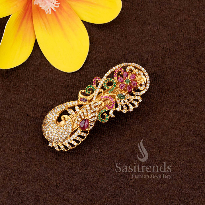 Dazzling multi-hue matte gold plated peacock floral AD hair clip, a stylish addition for wedding ensembles and cultural attire – Sasitrends