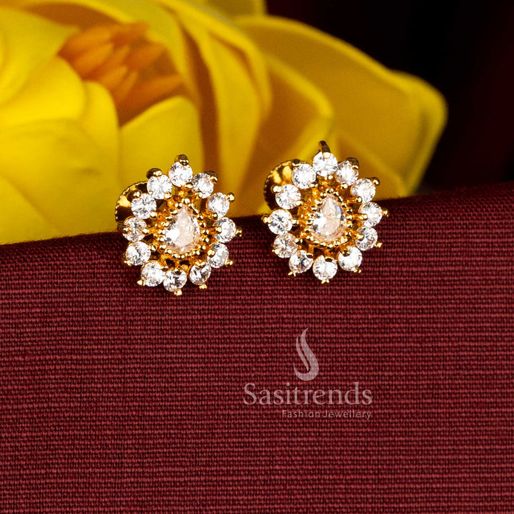Premium micro gold plated AD teardrop white floral stud earrings featuring soft radiance designed for ethnic traditional occasions and cultural celebrations – Sasitrends