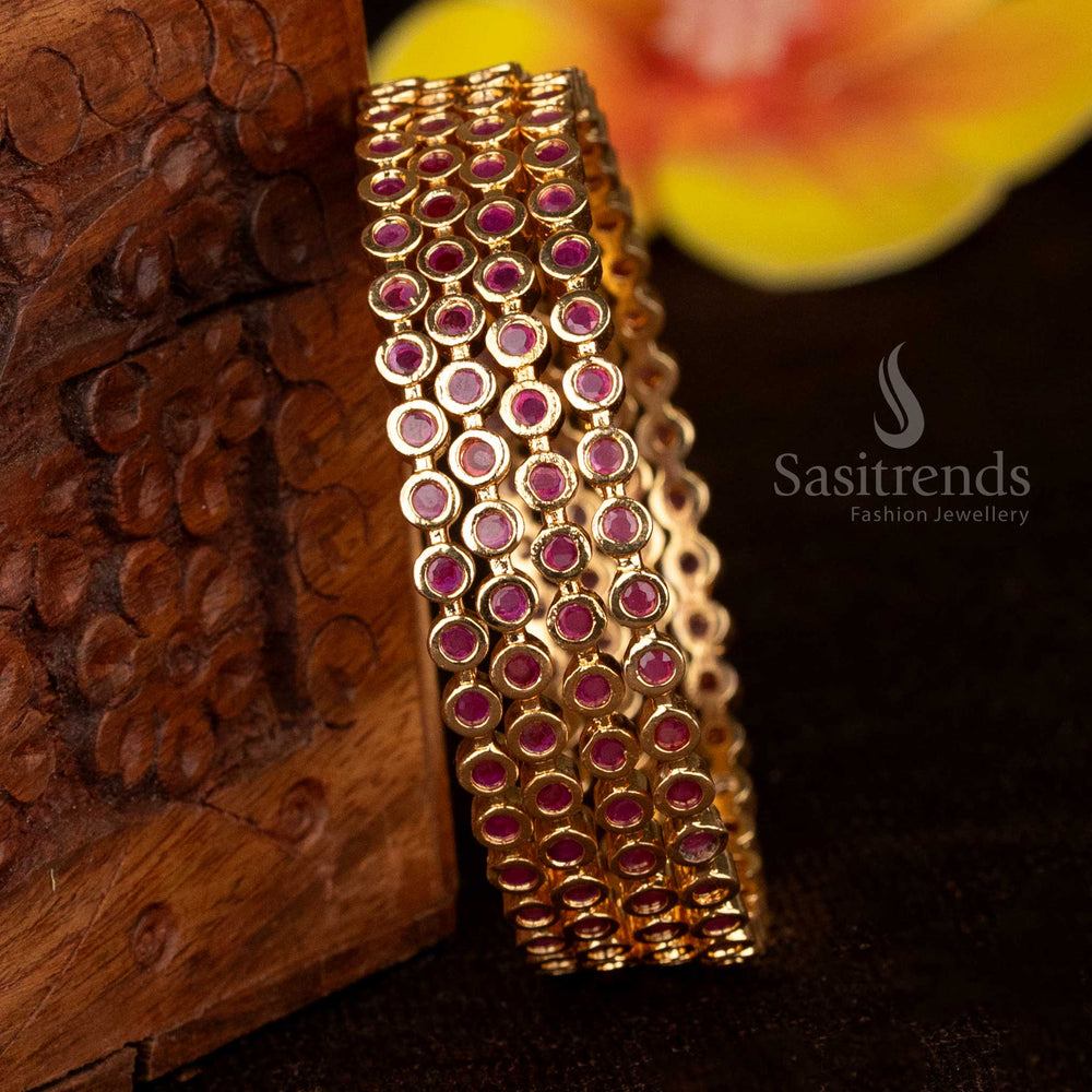 Radiating ruby micro gold plated round bangles set of 4 with American Diamond stones, perfect to wear for grand festive occasions and celebratory saree events – Sasitrends