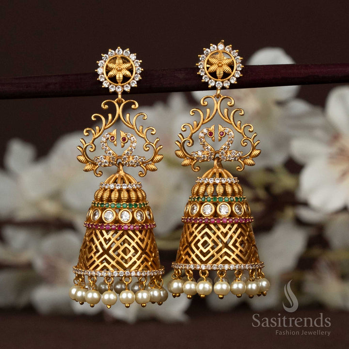 Wonderful Matte Gold Plated Peacock & Floral AD Jhumka Earrings with Pearls – Sasitrends