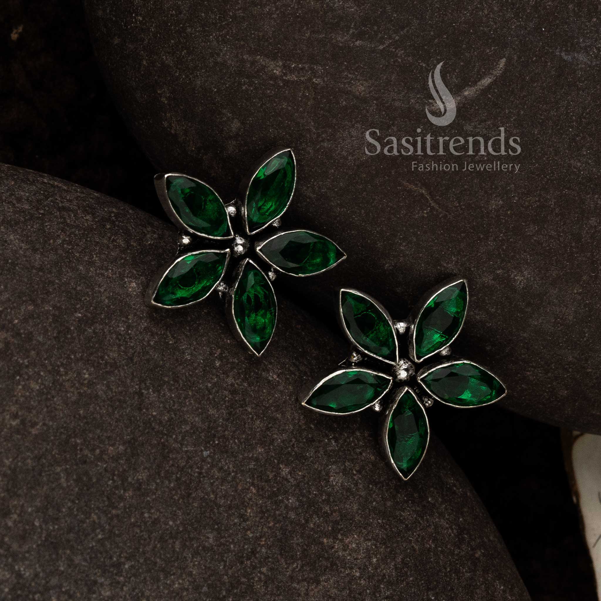 Glossy Green Oxidised Marquise Floral Earrings With Twin Vine Design And Shiny Stone Centerpiece – Luxe Designer Jewellery - Sasitrends