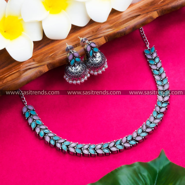 Elegant Oxidised Stones Jewellery Set with Leaf Motifs - Sasitrends - Sasitrends