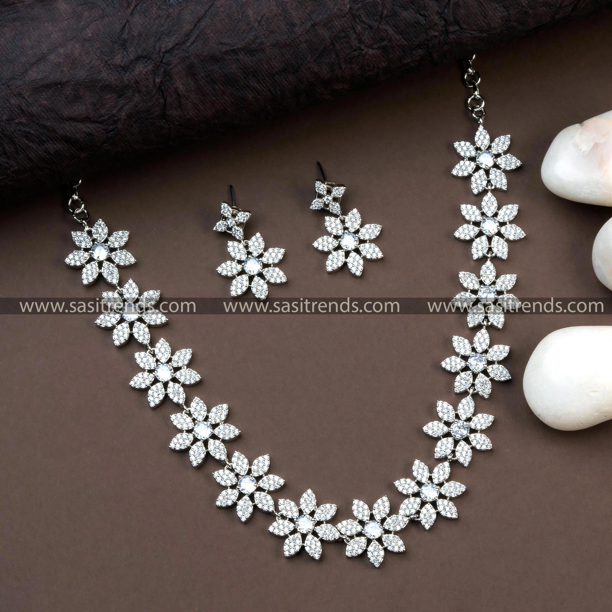 Glossy White American Diamond Party Wear Jewelry Rhodium Silver Plated Necklace Sasitrends