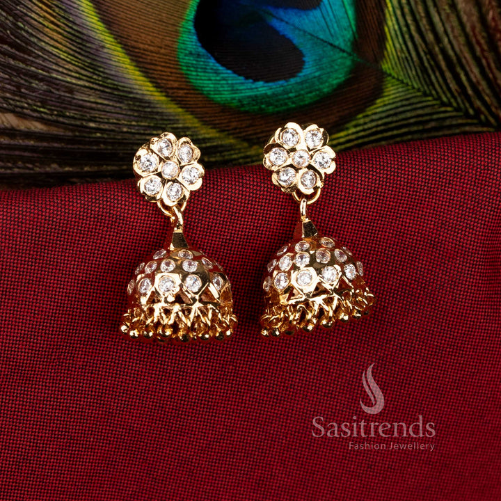 Pure gold look micro gold plated white floral stud jhumka earrings with festive shine – Sasitrends