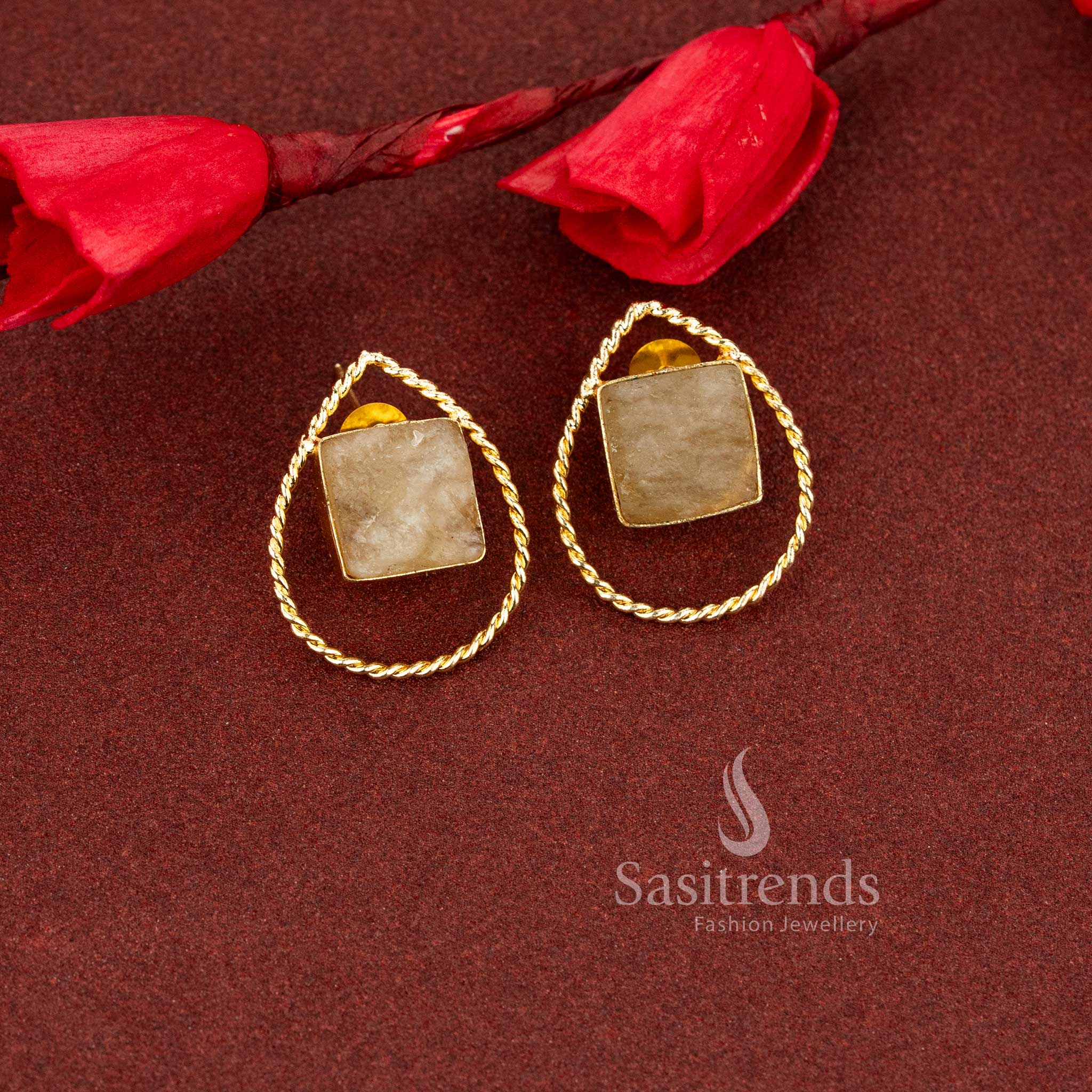 Dainty pear shaped natural yellow stone rope finished gold plated studs ideal for office chic appeal and effortless everyday accessorising - Sasitrends