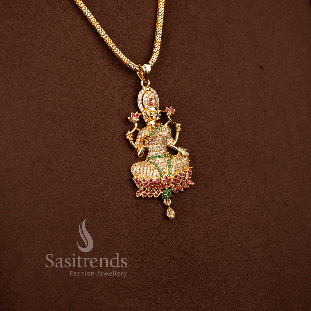 Goddess Lakshmi motif micro gold plated pendant chain necklace adorned with AD stone brilliance in festive multi colour styling – Sasitrends
