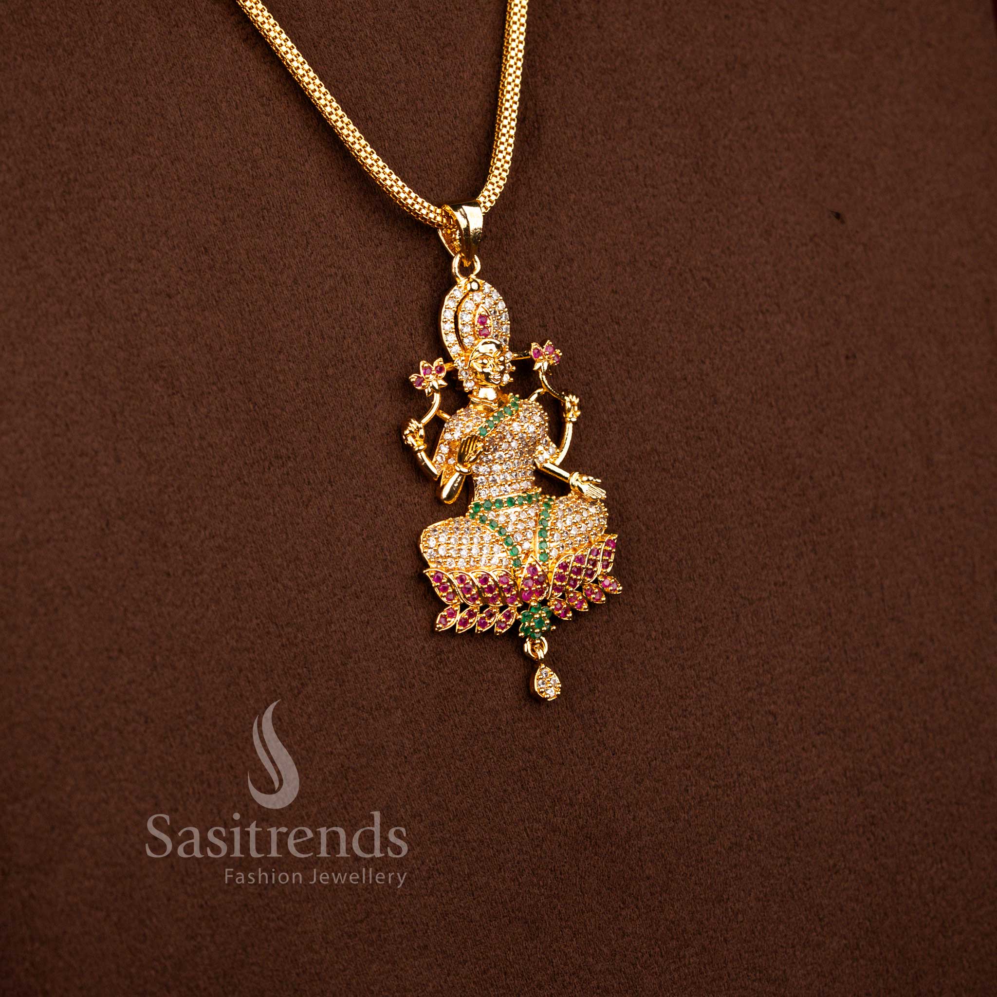 Goddess Lakshmi motif micro gold plated pendant chain necklace adorned with AD stone brilliance in festive multi colour styling – Sasitrends