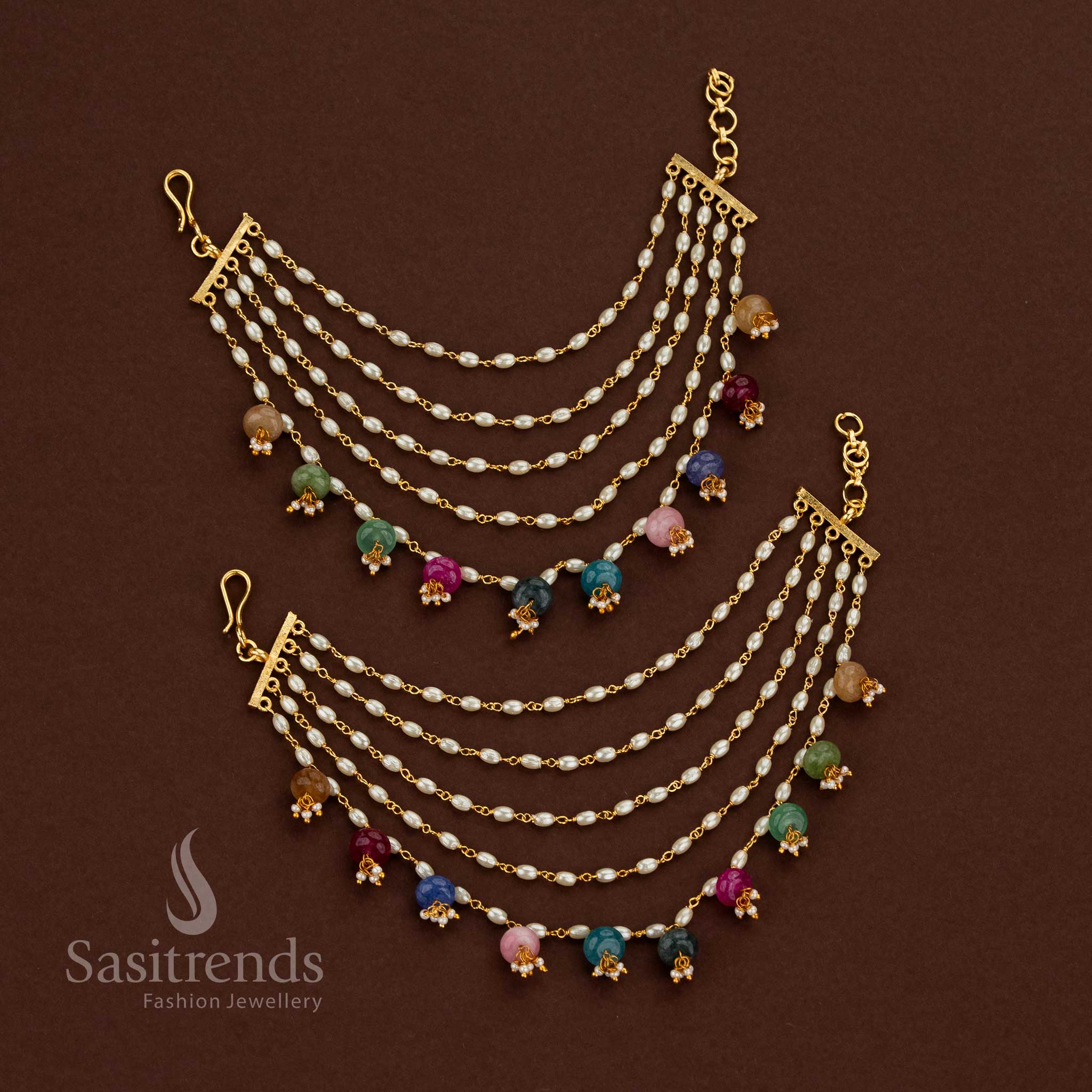 Gold plated 5 layer pearl hanging matil with elegant ball drops for grand weddings, festivals and traditional hair jewellery – Sasitrends