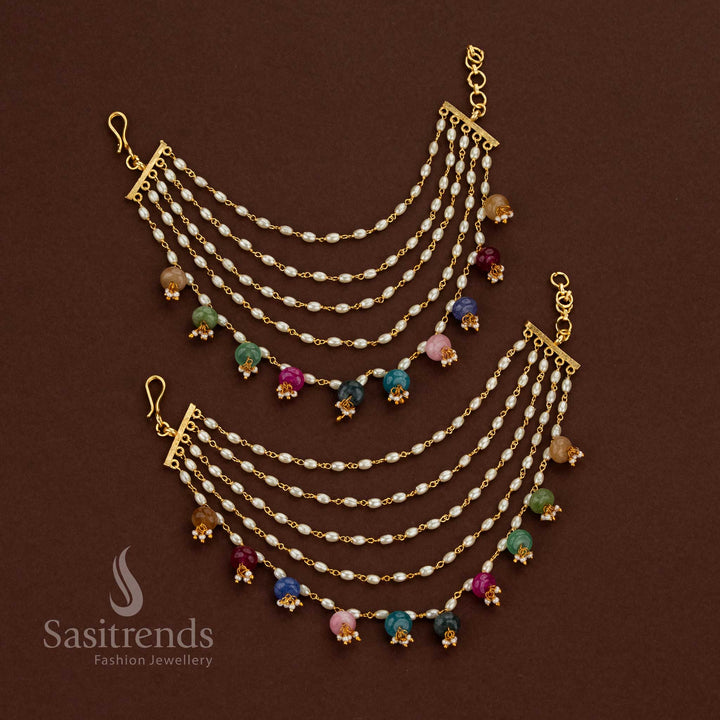 Gold Plated 5 Layer Pearl Hanging Matil with Ball Drops for Weddings, Festivals & Traditional Functions