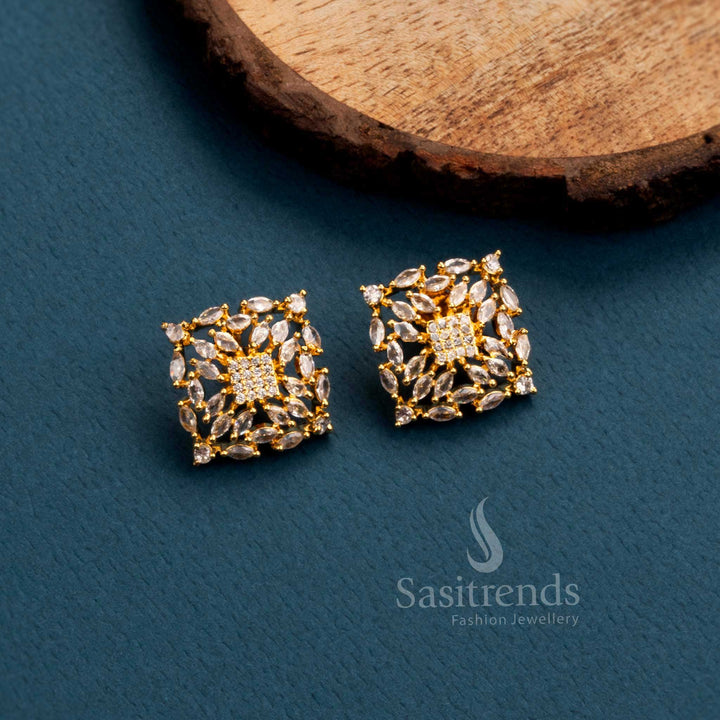 Rich Look Party Wear Earrings with Stunning Square Motif - American Diamond Stones | Sasitrends
