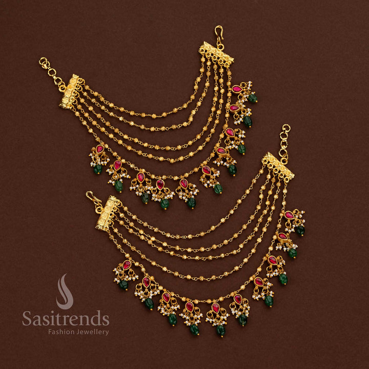 Jadau Kundan gold plated 5 layer teardrop stone matil with golden beads and pearls for weddings and festive functions – Sasitrends