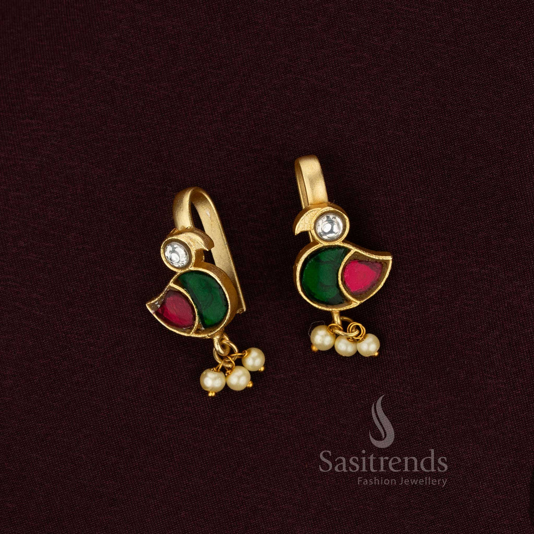 Luxury 24K Gold Plated Jadau Bugadi Earrings Parrot Motif With Kundan And Pearl Embellishments By Sasitrends