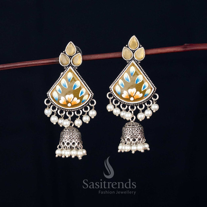 Sunray oxidised yellow Monalisa triangular jhumka earrings with pearl drops for Navaratri festive glow – Sasitrends