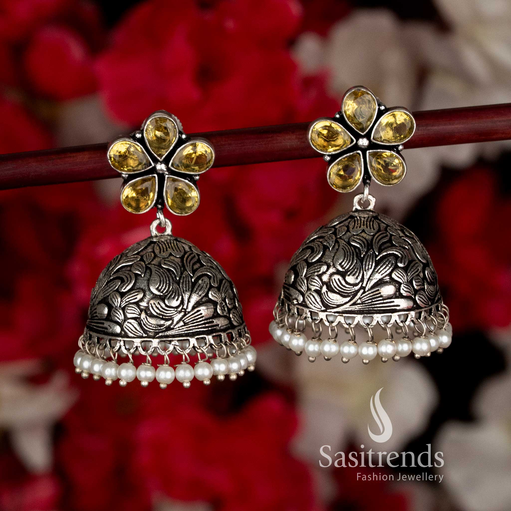 Sophisticated Dark Yellow Party Oxidised Floral Jhumka Earrings with Pearl Drops for Black Saree Ethnic Navaratri Styling-Sasitrends