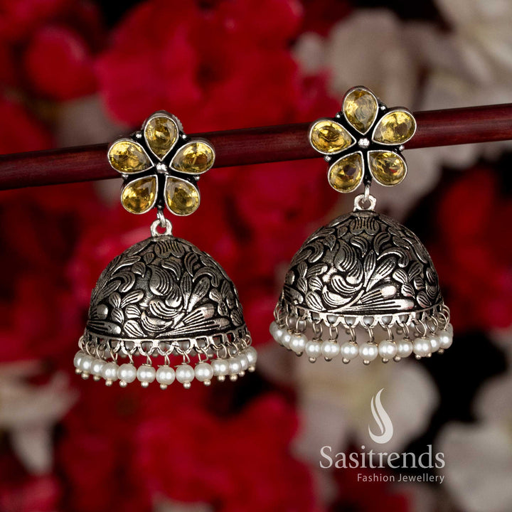 Sophisticated Dark Yellow Party Oxidised Floral Jhumka Earrings with Pearl Drops for Black Saree Ethnic Navaratri Styling-Sasitrends